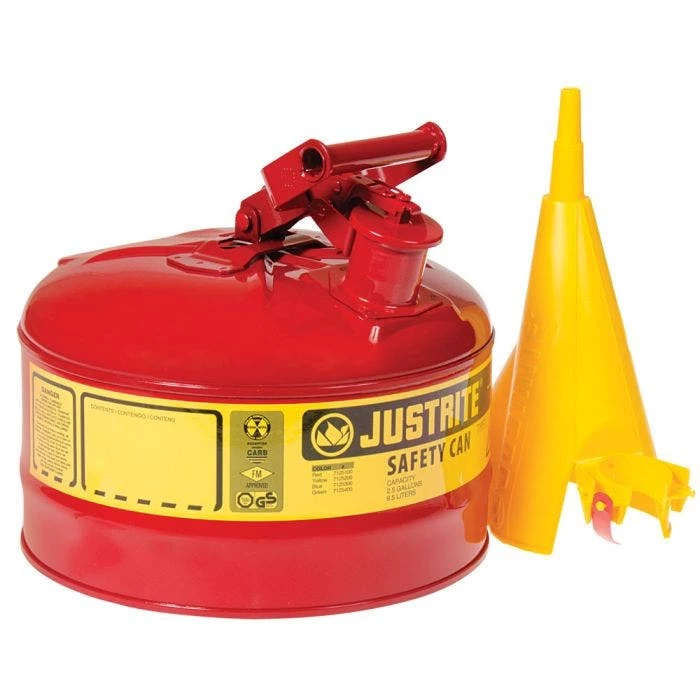 Justrite Type I Safety Can With Funnel 2.5 Gal, Red 1 Justrite Type I Safety Can With Funnel 2.5 Gal, Red