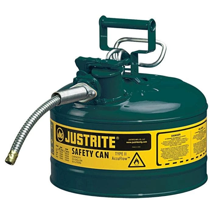Justrite Type II Accuflow Safety Can, 2.5 Gal, Green 1 Justrite Type II Accuflow Safety Can, 2.5 Gal, Green