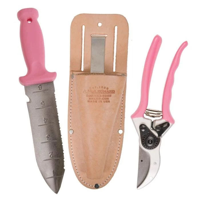 Pink Leonard Deluxe Soil Knife And Pink Traditional Bypass Pruner With Sheath 1 Pink Leonard Deluxe Soil Knife And Pink Traditional Bypass Pruner With Sheath