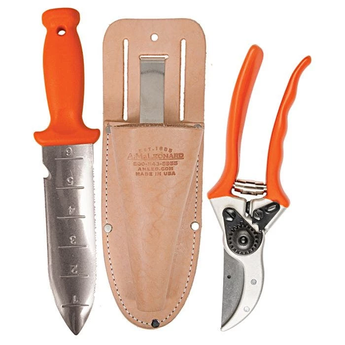 Deluxe Soil Knife, Pruner, Sheath Combo By A.M. Leonard, Lifetime Warranty 1 Deluxe Soil Knife, Pruner, Sheath Combo By A.M. Leonard, Lifetime Warranty